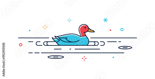 Lakeside wildlife concept illustrated by a minimal duck silhouette gliding across smooth water lines with subtle ripple accents. A gentle editorial metaphor of