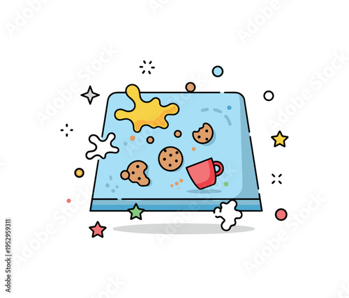 Children mess on tablecloth colorful juice splashes and cookie crumbs scattered across soft fabric with a small cup and playful star accents, conveying