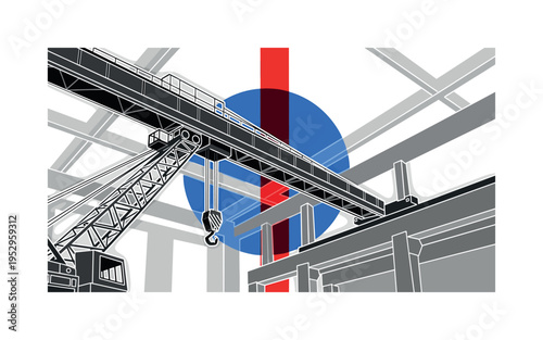 Black and white crane lifting a massive steel beam inside factory hall, bright blue circle intersected by red vertical bar behind the crane arm, abstract