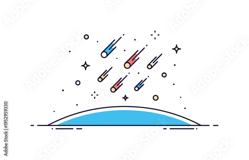 Meteor shower astronomical phenomenon illustrated by Earth horizon curve beneath a cluster of falling meteors with glowing tails, expressing movement and