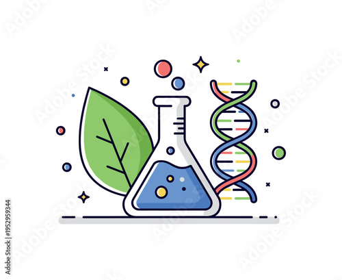 Sustainable biotechnology research scene featuring a laboratory flask blended with a leaf and DNA strand, symbolizing innovation, responsibility, and