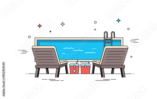 Friends by the pool simple composition with two lounge chairs facing a bright blue pool and a shared cooler between them, symbolizing connection and relaxed