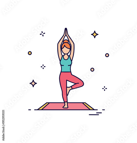 Low impact exercises yoga inspired balance concept with a single figure in tree pose centered on a small mat and soft sparkle accents around. The scene