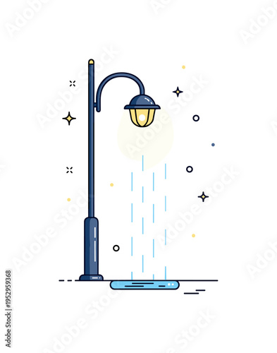 Rainy night street lamp single glowing lantern with soft raindrop lines and reflective puddle beneath, capturing moody urban weather and cinematic calm.