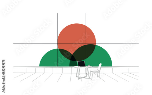 Black and white rooftop workspace with small table and laptop, large terracotta circular backdrop centered as sun, emerald green semicircles overlapping like