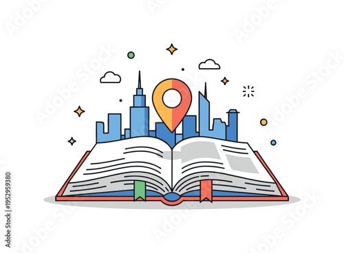 Exploring destinations through a guidebook featuring a large open book with simplified skyline silhouettes and a small location pin hovering above the pages.