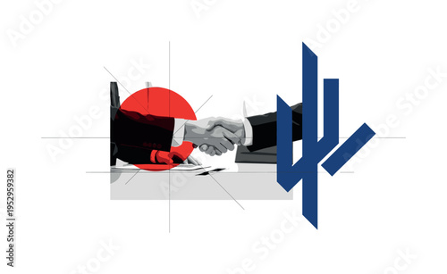 black and white handshake across conference table as focal point, overlapping bright red circle and deep blue geometric bars, thin intersecting lines
