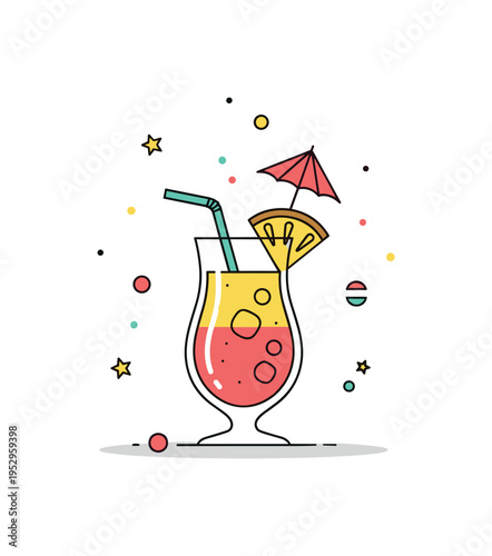 Pina colada summer party theme showing a tropical drink garnished with pineapple wedge and cocktail umbrella, surrounded by subtle confetti dots for a festive