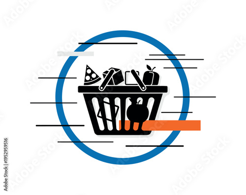Black and white shopping basket filled with geometric-shaped product icons, bold blue circular frame enclosing basket, orange diagonal bar cutting across