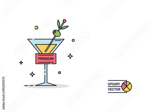 Luxury cocktail garnish stirrer martini glass with an olive skewer style stirrer and subtle premium label accent, conveying upscale nightlife and sophisticated