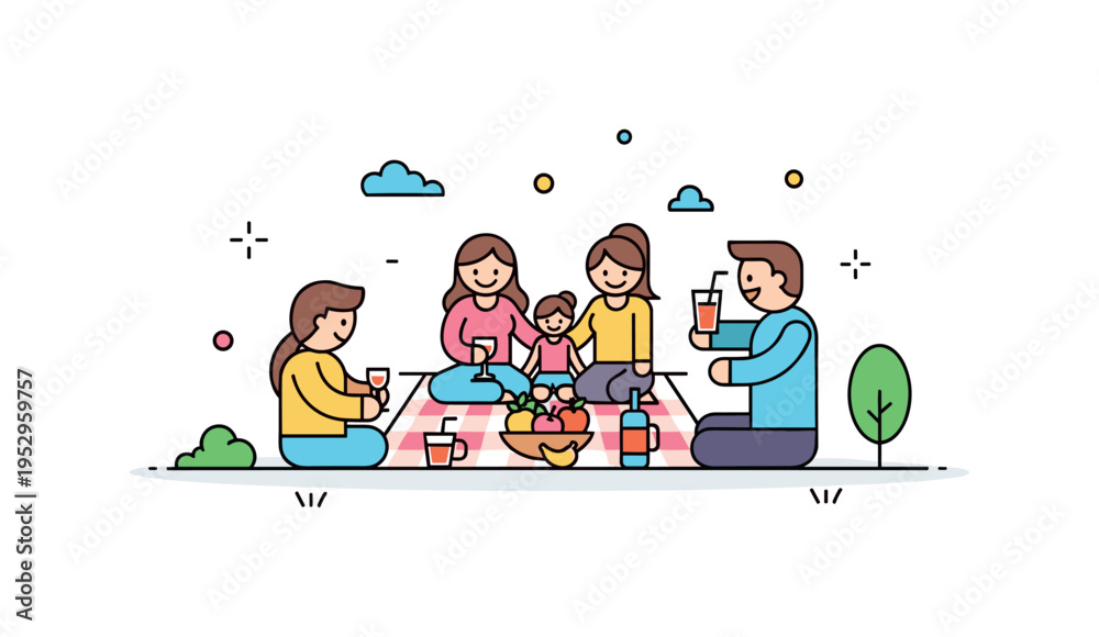 Fototapeta premium Family fun picnic day theme showing simplified figures gathered around a small blanket with fruit and drinks centered in the scene. A warm visual metaphor of