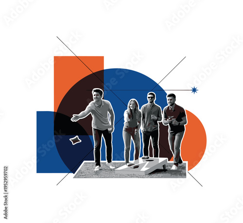 Black and white realistic scene of friends playing cornhole in a backyard as the main object, retro photographic texture capturing motion, white cut-out