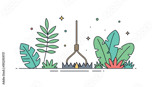 Jungle survival trap scene showing a simple rope snare mechanism set between stylized tropical plants and broad leaves, expressing tension and wilderness