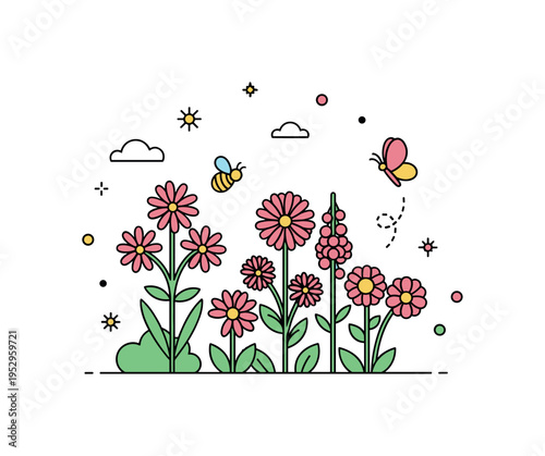 Pollinator friendly backyard centered on blooming native flowers with a small bee and butterfly accent, expressing biodiversity, ecological balance, and garden