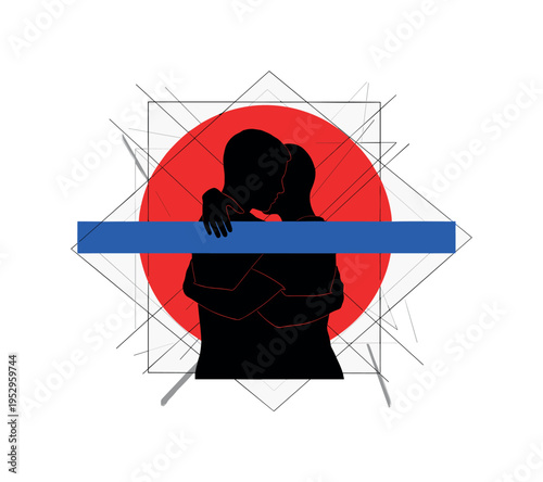 Black and white silhouettes hugging viewed from the side, bold red circular backdrop and blue horizontal equal bar crossing through both figures, thin diagonal