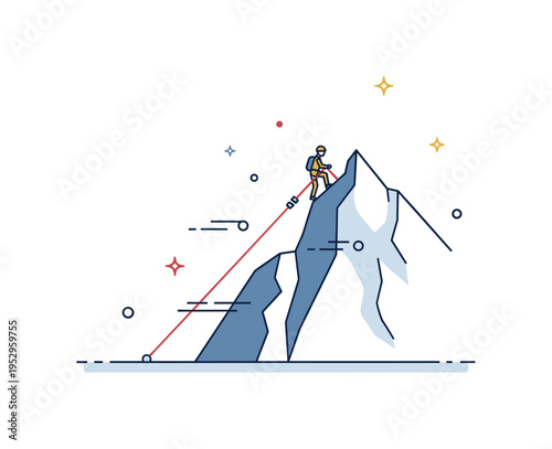 Climbing to the summit rope leading up a steep mountain edge with a tiny climber near the crest and subtle motion lines, expressing determination and steady