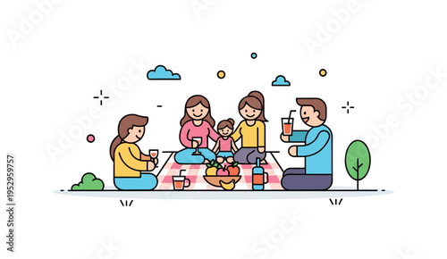 Family fun picnic day theme showing simplified figures gathered around a small blanket with fruit and drinks centered in the scene. A warm visual metaphor of