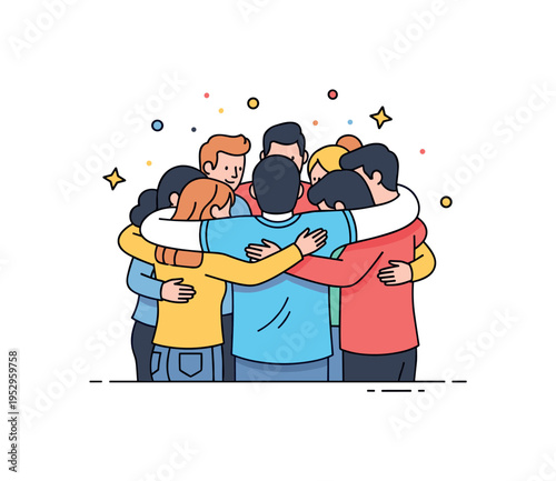 Celebratory group embrace illustration capturing a circle of friends hugging after a shared achievement, expressing joy and togetherness. Subtle confetti dots