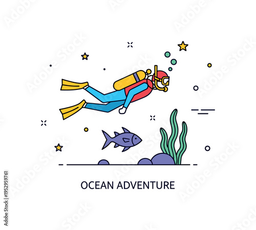 Scuba diving marine wildlife encounter featuring a diver hovering calmly near a small fish silhouette and sea plant, symbolizing respect for ocean ecosystems