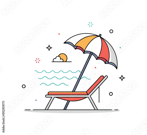 Beach relaxation single lounge chair under a wide umbrella with gentle wave lines in the background, conveying escape, sunshine and stress free moments.