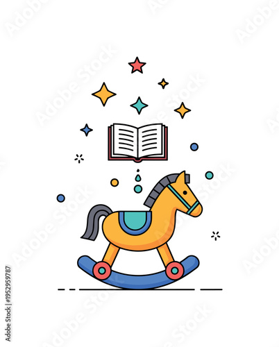 Rocking horse imagination and storytelling theme featuring the toy horse with a tiny open book and whimsical star elements floating above it. The scene conveys