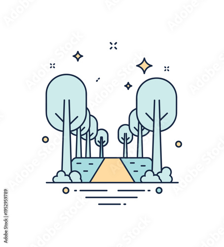 Forest grove pathway concept featuring a narrow path leading between simple tree silhouettes, expressing exploration and quiet immersion in nature. The clean