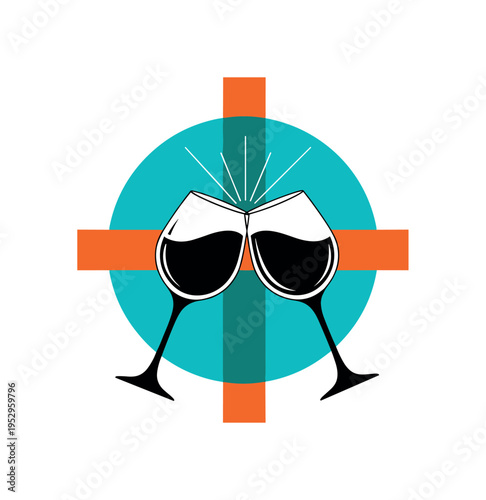 Black and white wine glasses clinking in a toast, bright teal circular backdrop centered behind the glasses, sharp orange rectangular accent intersecting