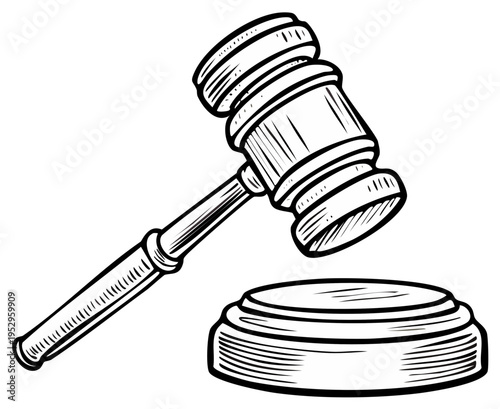 Hand Drawn Gavel with Sound Block Illustration of Justice and Law System Symbols