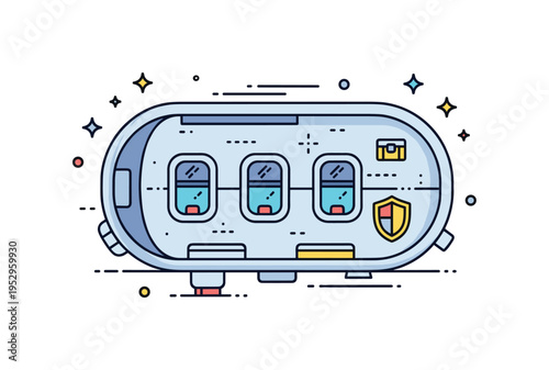 Crew module architecture theme featuring a rounded spacecraft cabin outline with tiny window icons and a subtle shield symbol. The composition communicates