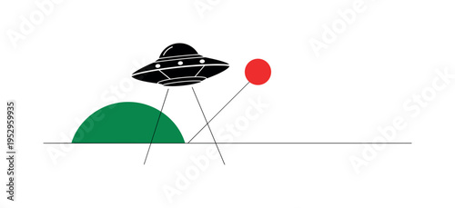 Black and white flying saucer hovering above abstract geometric landscape, bold emerald green semicircle forming alien horizon, bright red circle accent near