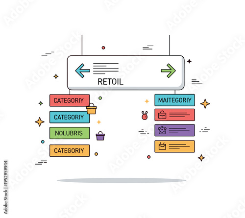 In store signage system built around a hanging directional sign with simple category icons and arrows, highlighting navigation and structured customer journey.