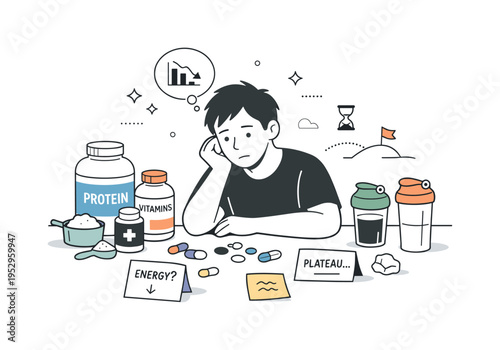 Supplement burnout. A desk filled with pills, powders, and notes, diminishing returns of constant enhancement, reflective and slightly melancholic mood.