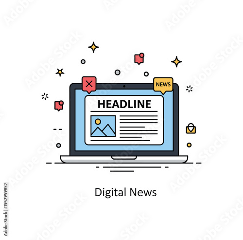 Digital storytelling online journalism concept with a laptop displaying a headline block and small image placeholder, surrounded by subtle notification icons