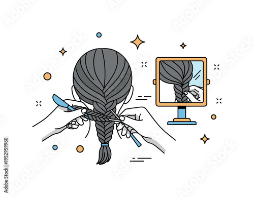 Salon braiding service showing a stylist?s hands shaping a sleek braid while a small mirror icon reflects the finished look. The scene highlights