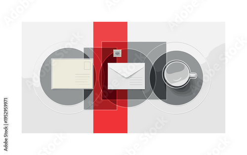 black and white tabletop scene viewed from above, postcard, envelope, stamp and coffee cup arranged neatly, red vertical stripe cutting through composition