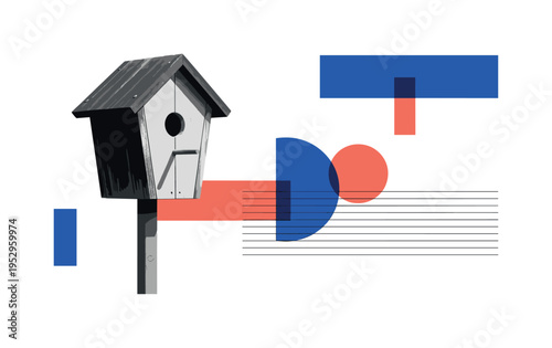 Black and white birdhouse mounted on a simple pole as the focal object, realistic retro texture, floating geometric rectangles and overlapping semicircles in