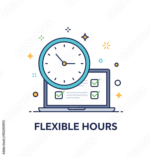 Freelance work flexible schedule concept showing a clock icon gently overlapping a laptop screen with checkmarks, conveying time management and productivity on