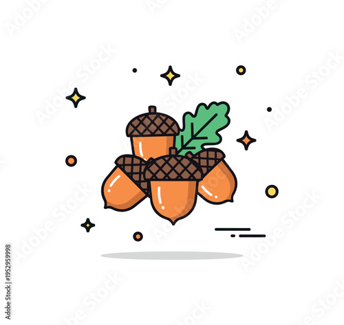 Harvest season acorn detail illustrated by a small cluster of acorns arranged neatly with a subtle leaf accent, symbolizing abundance and autumn traditions. A