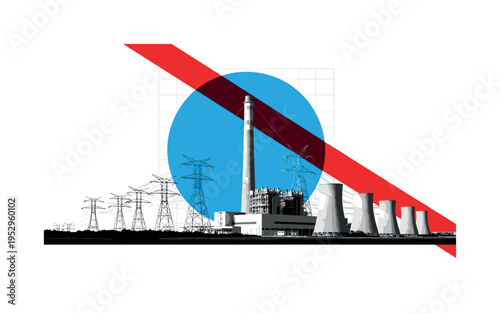 Black and white industrial scene with transmission lines leading toward power plant, oversized bright blue circle framing the main stack, sharp red diagonal