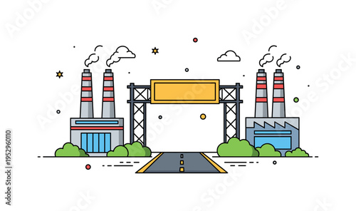 Heavy industry plant gateway theme featuring a factory facade with tall chimneys and a bold signage banner above the entry road. The scene communicates scale,