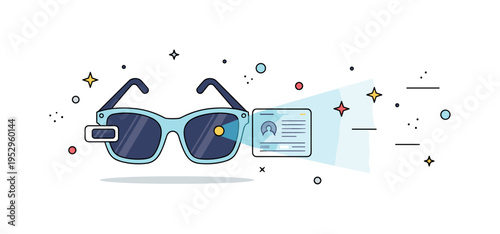 Augmented reality fashion concept with stylish glasses projecting a small digital interface in front of the lenses. The scene highlights futuristic design and