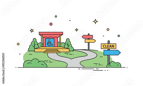 Accessible outdoor event planning concept visualized with a small park stage, smooth pathways and clear directional signage, symbolizing thoughtful design for
