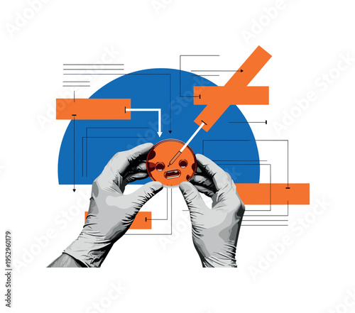 Black and white gloved hands mixing chemicals in petri dish, bold cobalt blue semicircle framing the action, orange rectangular panels layered diagonally like