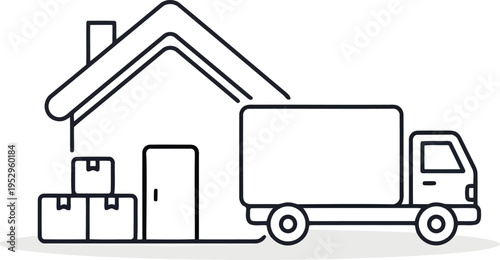 Moving truck and house with cardboard boxes line art illustration