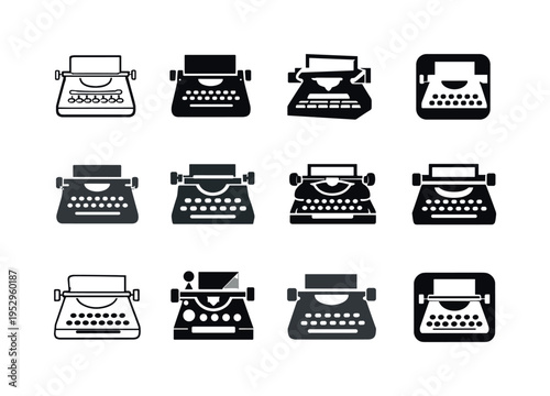 Typewriter scene. Icon set. Set Logo of Typewriter scene: vintage typewriter. harmonious logo variations of the same emblematic concept, each with different