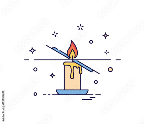 Candle focus and clarity illustration with a bright flame cutting through minimal soft lines that fade outward. The composition communicates concentration,
