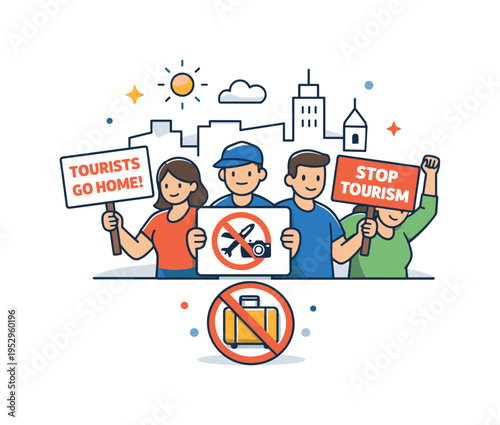 Anti tourism protests expressed through a small crowd holding simple signs in front of a minimal city outline, conveying tension between residents and mass
