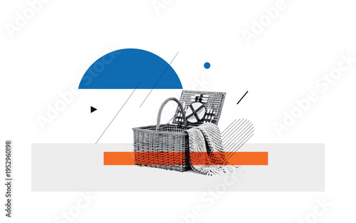 Black and white picnic basket placed on snow with textured blanket partially open, bold blue semicircle framing the upper space and orange horizontal bar