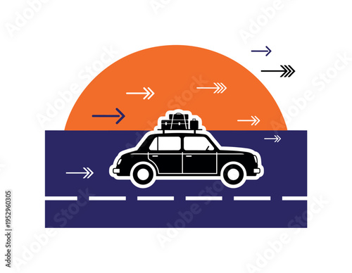Black and white road trip car with luggage strapped on top, oversized bright orange semicircle framing upper background, deep indigo rectangular