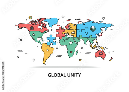 World map puzzle international cooperation theme shown as separate continental puzzle pieces gently moving into place, expressing diplomacy and collective